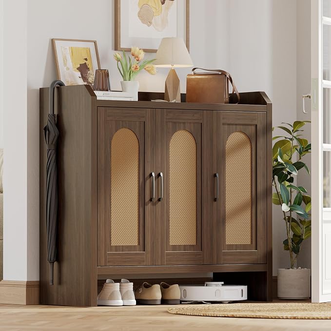 Rattan Shoe Storage Cabinet, Farmhouse Shoe Cabinets Storage for Entryway, Boho Wooden Shoe Rack with 3 Doors for Entryway, Hallway (Walnut, 3 Door)