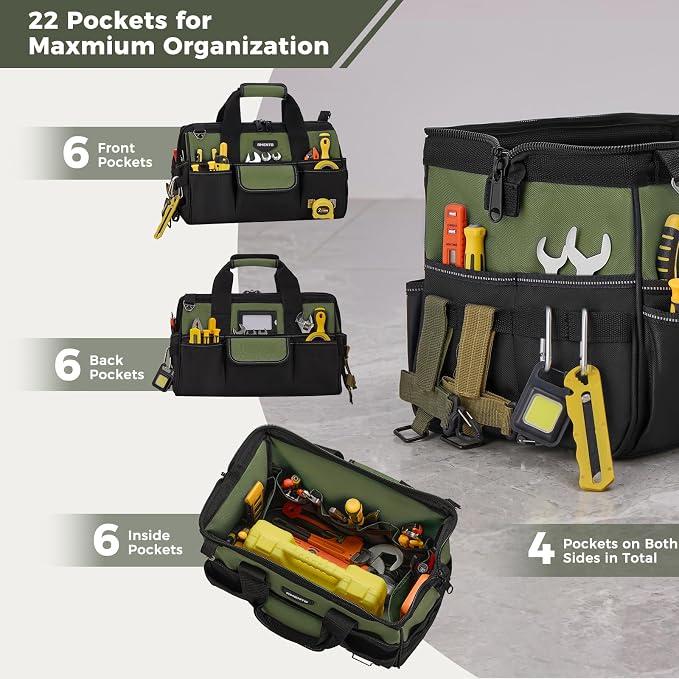 16-Inch Heavy Duty Tool Bag, 22 Pockets Empty Tool Box Organizer Storage, Soft Tote Toolbox Organization Portable Handle Carrying Work Toolbag for Electrician Mechanic, Dad Men Gifts, Green