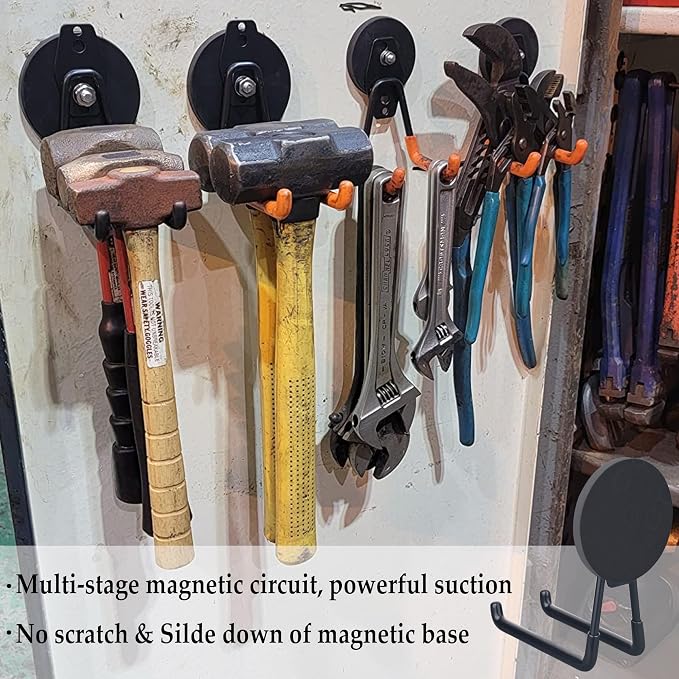 ULIBERMAGNET Strong Magnetic Hooks,Large Magnet with Hooks for Heavy Duty Tools,Jig Saw,Hose, 4 Pack Heavy Duty Magnetic Hooks for Hammer Drill,Circular Saw,Garden Tool(3.46inch/Black)