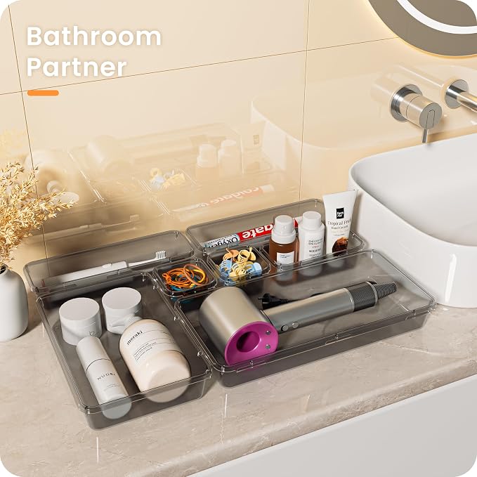 【Military Grade】A-LuGei Drawer Organizer,【𝟱𝗦𝗶𝘇𝗲】Makeup organizer,【Holds 177 Items】Bathroom Organizers and Storage,Organization and Storage,Desk Drawer Organizer for Vanity【Clear Black】