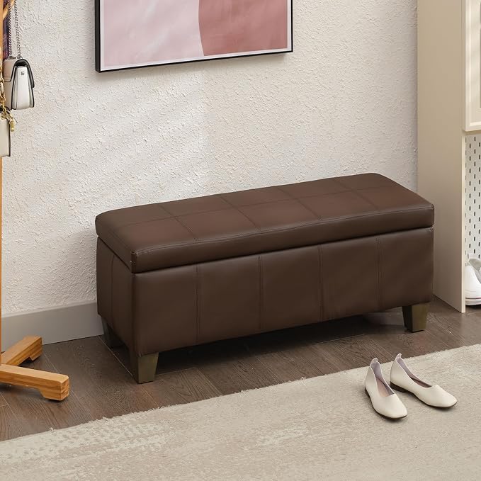 41" Storage Ottoman, Storage Bench with Safety Hinge, Upholstered Synthetic Leather Ottoman Bench for Bedroom, Living Room, Entryway, Hallway, Foot Rest, Support 500lbs, Brown