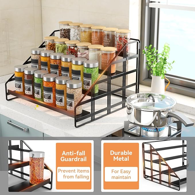 Bunoxea 4 Tier Adjustable Spice Rack for Cabinet & Countertop, Black | Depth Adjustable,Anti-drop Guard Rail,Tiered Cabinet Organizer,Holds 24+ Jars,for Cabinet, Pantry & Kitchen Countertop