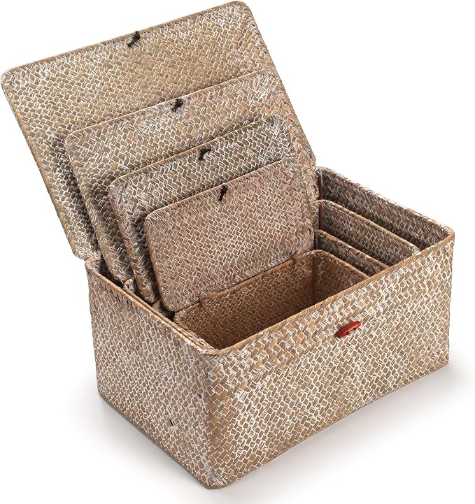 4 Pack, Wicker Baskets with Lids, Natural Seagrass Storage Baskets, Woven Rectangular Basket Bins, Rattan Storage Organizer for Shelf (Whitewashed, Set of 4)