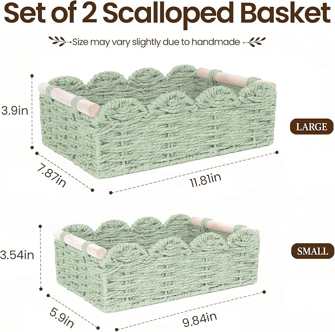 iEGrow Paper Rope Small Storage Baskets for Organizing, Set of 2 Scalloped Edge Wicker Basket with Wooden Handles Toilet Paper Basket for Over Toilet Storage Shelf, Home Decor, Living Room (Green)