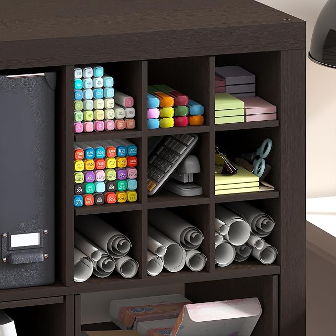 Furinno Cubicle 9-Compartment Cube Insert, Grid Cube Organizer, Dark Oak | 12.9W x 12.9H, Geometric Shelf Accessory, Fits into Furinno Triple Thick Cubes, IKEA Kallax, for Organizers and Storage