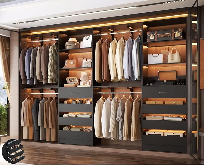 Aheaplus Closet System with 8 Wooden Drawers, Wood Closet Organizer System with Tower, Walk-in Closet Organizer Wardrobe Clothes Rack with 4 Hanging Rods, Garment Rack, Cut to Fit 7-12Ft, Black