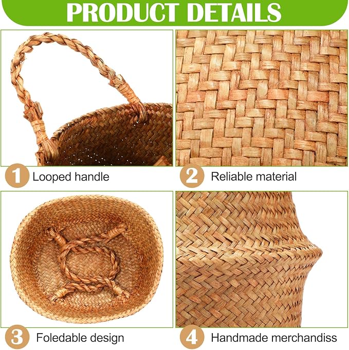 Qunclay 4 Pcs Woven Seagrass Baskets Belly Basket Folding Boho Natural Plant Pot with Handles Round Decorative Wicker Large Indoor Planter for Home Outdoor Tree Planters Decor (S,8.7''dx7.9''h)