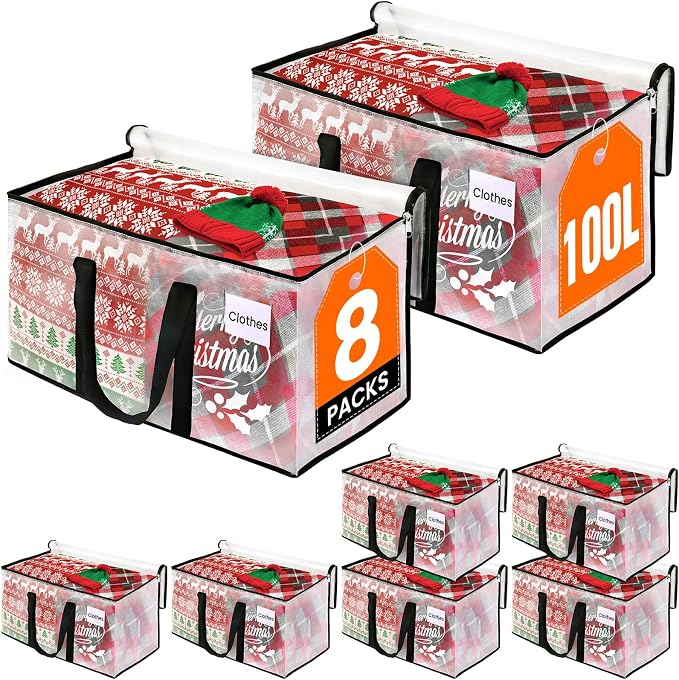 RoomHacks Moving Bags, Heavy Duty Large Storage Bags, 100L, 8 Pack, Clear | Water-Resistant Packing Bags with Reinforced Handles & Dual Zippers, Foldable Storage Totes for Dorm Move & Home Organization