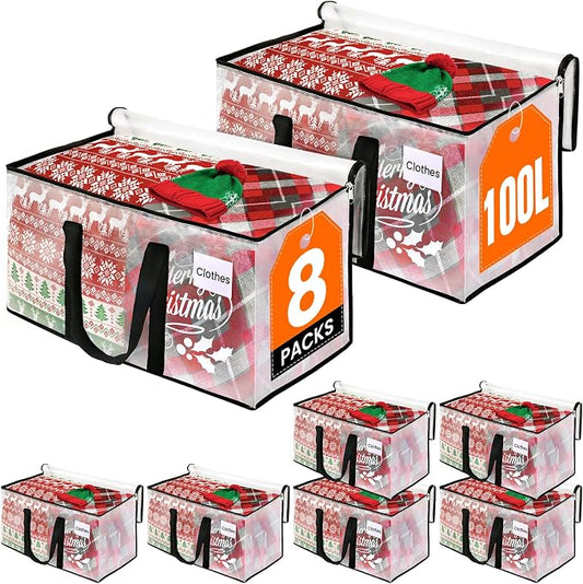 RoomHacks Moving Bags, Heavy Duty Large Storage Bags, 100L, 8 Pack, Clear | Water-Resistant Packing Bags with Reinforced Handles & Dual Zippers, Foldable Storage Totes for Dorm Move & Home Organization