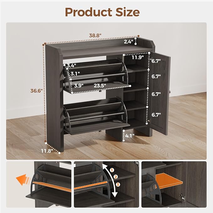 Shoe Cabinet Storage for Entryway with 2 Flip Drawers(3-Tier), Rattan Freestanding with Door & 3 Adjustable Shelve,Hidden Shoe Rack Organizer for Hallway, Foyer