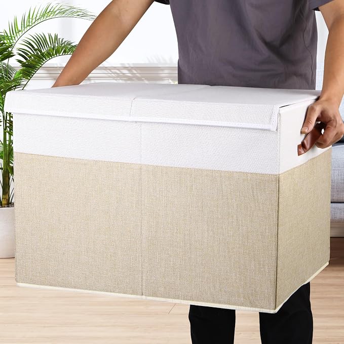 Large Toy Storage Box with Lid, Toy Chest Bin Boxes Basket with Dividers | Sturdy Toy Organizer Bin for Kids, Boys, Girls, Nursery, Living Room, Bedroom, Playroom 26"x17" x17"(Beige and White)