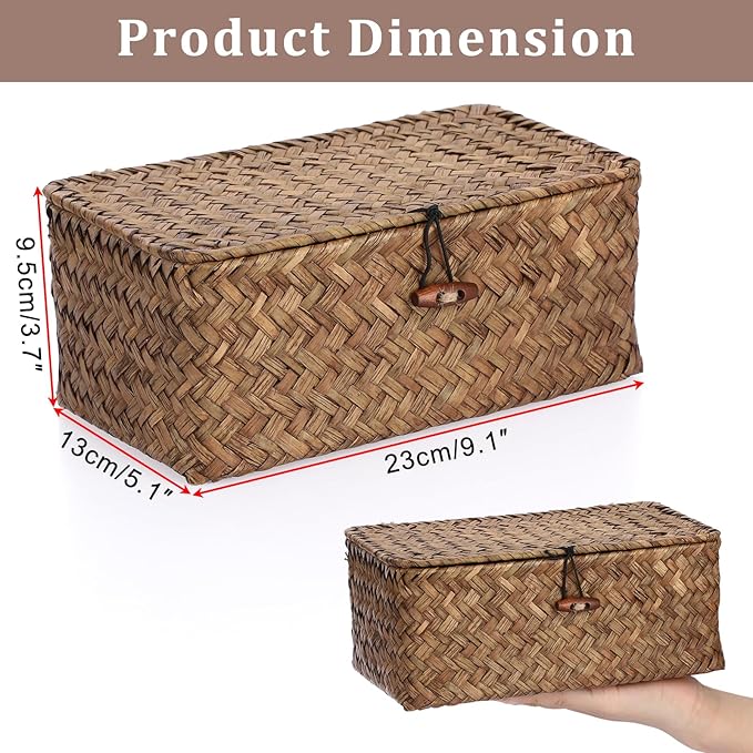 Sumnacon Small Wicker Basket with Lid,Tampon Holder for Bathroom,Coffee,XS | Natural Seagrass Female Product Organizer for Toiletries Pad Tampon Storage,Farmhouse Woven Baskets for Shelf, Toilet Tank