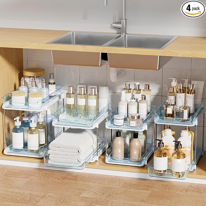 Delamu 2-Tier Multi-Purpose Bathroom Under Sink Organizers and Storage, Stackable Kitchen Pantry Organization, Pull Out Medicine Cabinet Organizer with Movable Dividers, Blue, 4 Pack