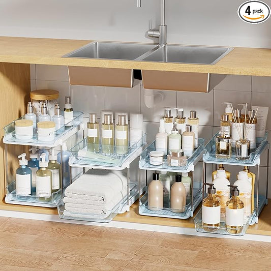 Delamu 2-Tier Multi-Purpose Bathroom Under Sink Organizers and Storage, Stackable Kitchen Pantry Organization, Pull Out Medicine Cabinet Organizer with Movable Dividers, Blue, 4 Pack