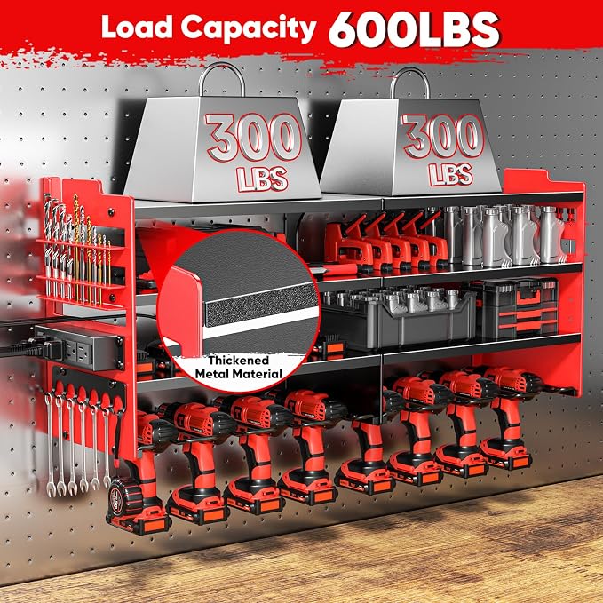 POKIPO Large Power Tool Organizer Wall Mount with Charging Station,4 Layer Heavy Duty Metal Tool Storage Shelf Loads 600lbs,Battery Utility Rack With 4 Outlet Power Strip with 8 Cordless Drill Holder