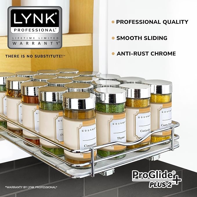 LYNK PROFESSIONAL® Pull Out Spice Organization for Cabinets - 8-3/8 inch Wide – Spice Rack for Inside Cabinets, Slide Out Spice Rack Organizer for cabinet – Pull Out Spice Rack, Sliding 1 Tier Chrome