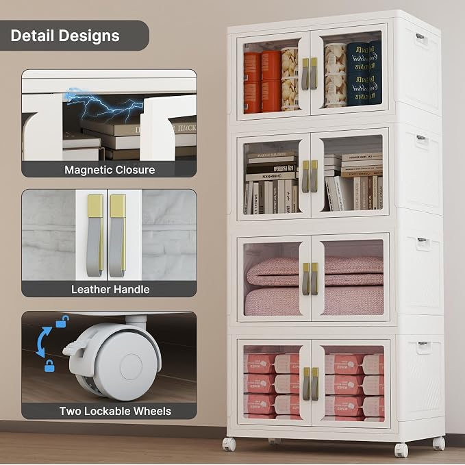 Stackable Storage Bins with Lids, 480QT Extra Large Storage Cabinet | Clear Doors, Foldable Storage Drawers, Heavy Duty, Collapsible Closet Organizers for Bedroom Office (4, White, 120, Quarts)
