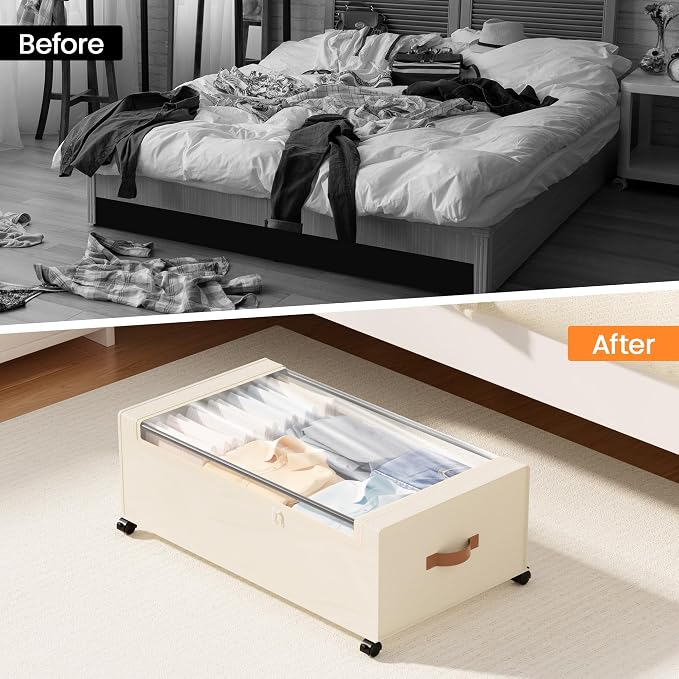 Yecaye 95 L Under Bed Storage with Wheels, 11 in Under Bed Storage Containers, Large Under Bed Shoe Storage with Lids, Rolling Underbed Storage bins for Clothes, Blankets, Beige