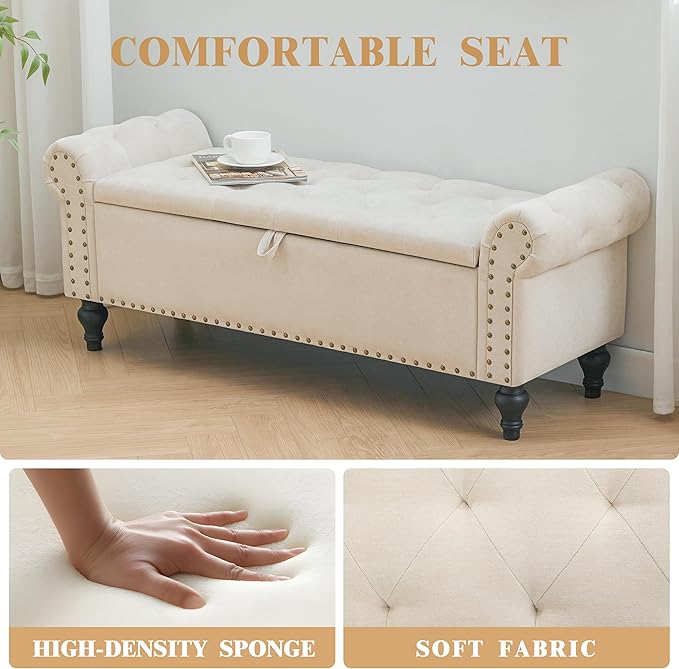 51" Storage Bench for Bedroom, Upholstered Ottoman Bench, Chenille Beige | End of Bed Bench for Bedroom, Window Benches for Living Room, Entryway, Ottoman with Large Storage Space, Pet Friendly