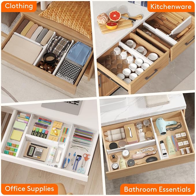 Lifewit 8 Pack 4" High Drawer Dividers 34-56cm/13.5-22" Adjustable Drawer Organizer for Clothes/Utensils, Expandable Drawer Separator in Dresser/Kitchen/Bedroom/Office Organization & Storage White