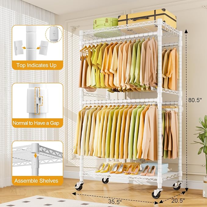 ULIFHOME P4 Rolling Clothes Rack, Clothing Racks for Hanging Clothes, White | Heavy Duty Garment Rack with Wheels, 2-Tier Free Standing Portable Closet Racks 35.5''W × 20.5''D × 80.5''H, Max Load 560Lbs