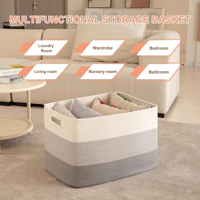 OIAHOMY 108L Super Large Blanket Basket, 25”x16”x16”(108L) Rectangle Woven Baskets for Storage, Cotton Rope Basket For Living Room, Toy Storage with Handle - Gradient Grey