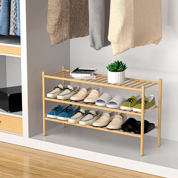 ROMGUAR CRAFT 3-Tier Bamboo Long Shoe Rack, Free Standing Wood Shoe Shelf Storage Organizer for Closet Entryway Stackable 35"x11"x20" (Natural)