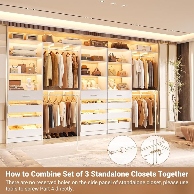 Aheaplus Closet System Set of 3, 138.5" Wood Closet Organizer System Tower with 12 Drawers & 4 Hanging Rods, 6.7+4.85Ft L Shaped Walk-in Closets Wardrobe Organizer Garment Rack with Shelves, White3