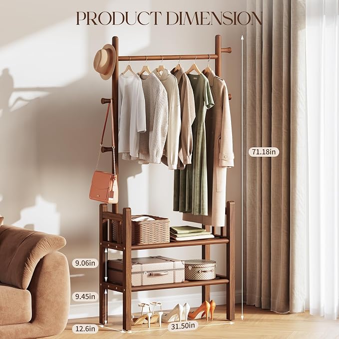 Yoobure Solid Wood Clothing Rack with Shelves - Coat Rack Freestanding with 6 Hooks, 3-in-1 Hall Tree for Hanging Clothes, Tall Garment Racks with Storage for Bedroom, Entryway, Living Room, Closet