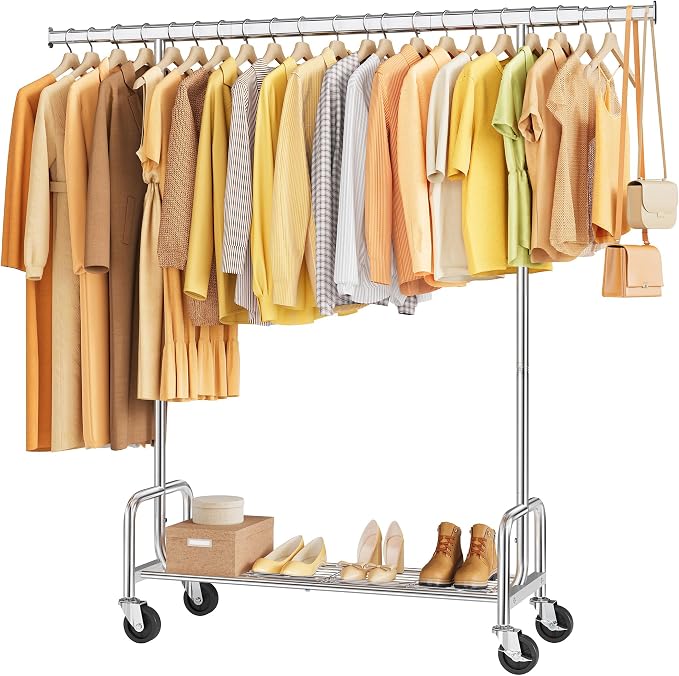 Clothes Rack with Shelf, Rolling Heavy Duty Load 300 LBS, Chrome | Clothing Rack with Extendable Rod and Height Adjustable, Portable Garment Rack for Bedroom, Rental Apartments, Market Stalls