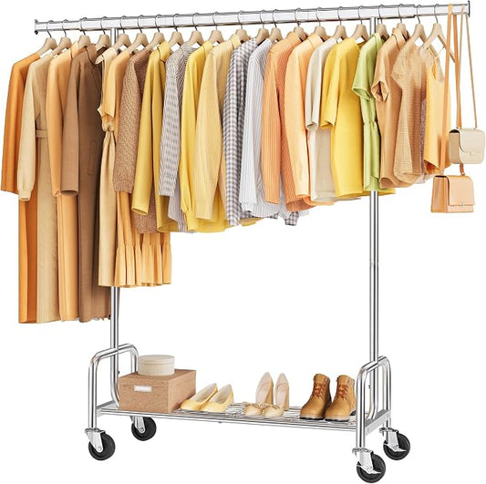 Clothes Rack with Shelf, Rolling Heavy Duty Load 300 LBS, Chrome | Clothing Rack with Extendable Rod and Height Adjustable, Portable Garment Rack for Bedroom, Rental Apartments, Market Stalls