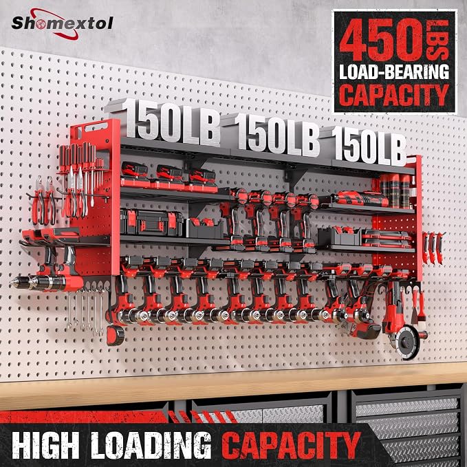 49.8" Power Tool Organizer Wall Mount,Holds 18 Cordless Drills | Large 4-Tier Tool Storage Rack, Heavy Duty 450 lb Load Capacity for Garage Workshop, Black, Gift for Men