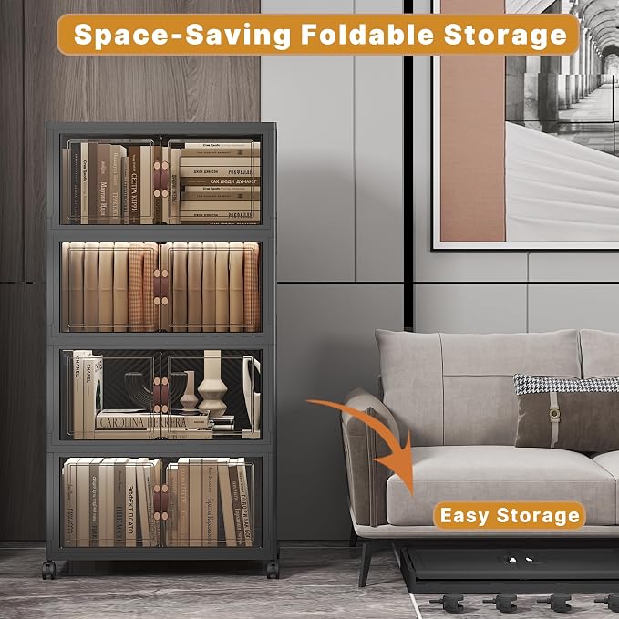 Stackable Storage Bins with Lids, 208QT Closet Organizers and Storage Cabinet with Doors & Wheels, Lockable Plastic Foldable Drawers for Bedroom Dorm Office Garage（52QT*4,Black）