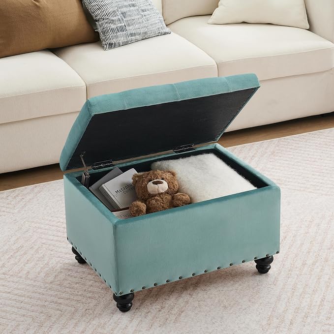Zihanhome Velvet Storage Ottoman Bench, Button Tufted Ottoman with Hidden Storage, Upholstered Foot Rest Stool with Solid Wood Legs for Living Room, Bedroom, Entryway & Small Spaces (Mint Blue)