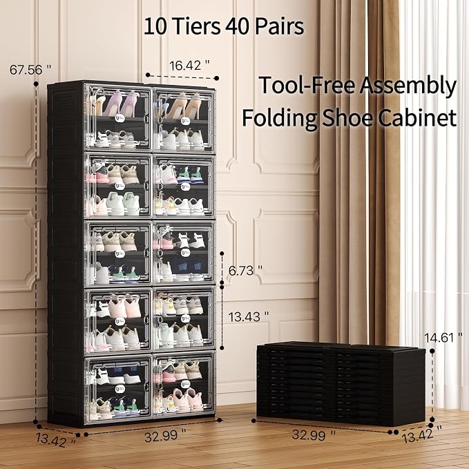 Foldable Shoe Cabinet with Magnetic Clear Doors, Wide Design Shoe Rack for Entryway, Portable Shoe Organizer Meeting Diverse Storage Needs (Black, 2Row 10Tier)