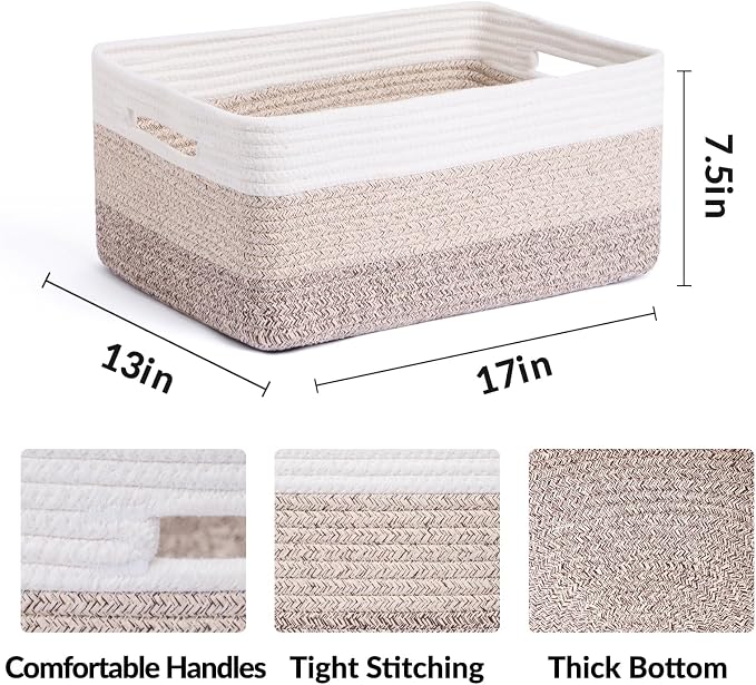 MiniArk Large Storage Baskets for Organizing, 17 x 13 x 7.5” Closet Shelf Baskets for Clothes Blanket Towels, Baby Nursery, Toy Bins Box, Woven Rope Basket, 3 Packs Gradient Brown