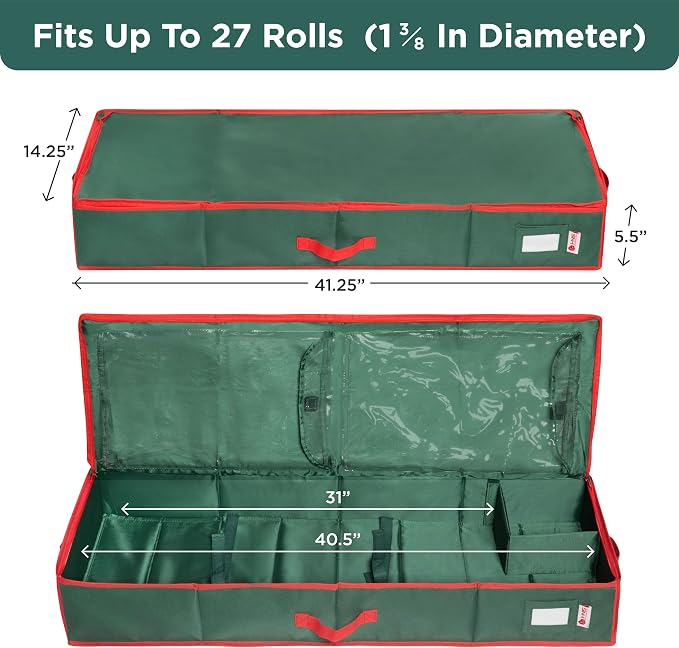 HOLDN’ STORAGE Premium Wrapping Paper Storage Container, Green | Durable 600D Tear-Proof, Fits 27 Rolls Gift Wrap, Extra Pockets for Ribbons & Bows, Underbed Storage