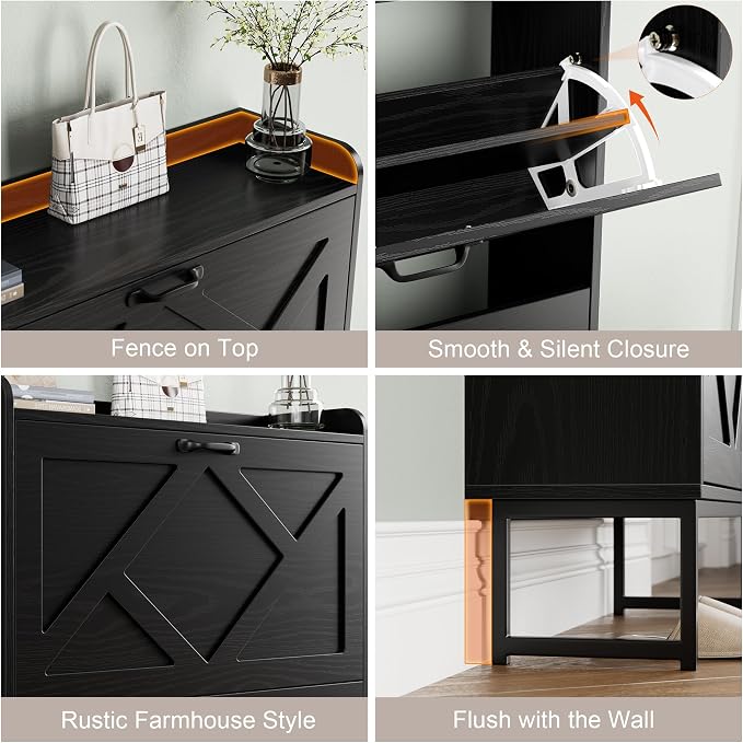 Nicetree Shoe Storage Cabinet with 2 Flip Drawers, Entryway Cabinet, Black | Slim Shoe Cabinet with Metal Legs, Narrow Farmhouse Shoe Organizer for Entryway, Foyer, Hallway, Wood Shoe Rack with Hook