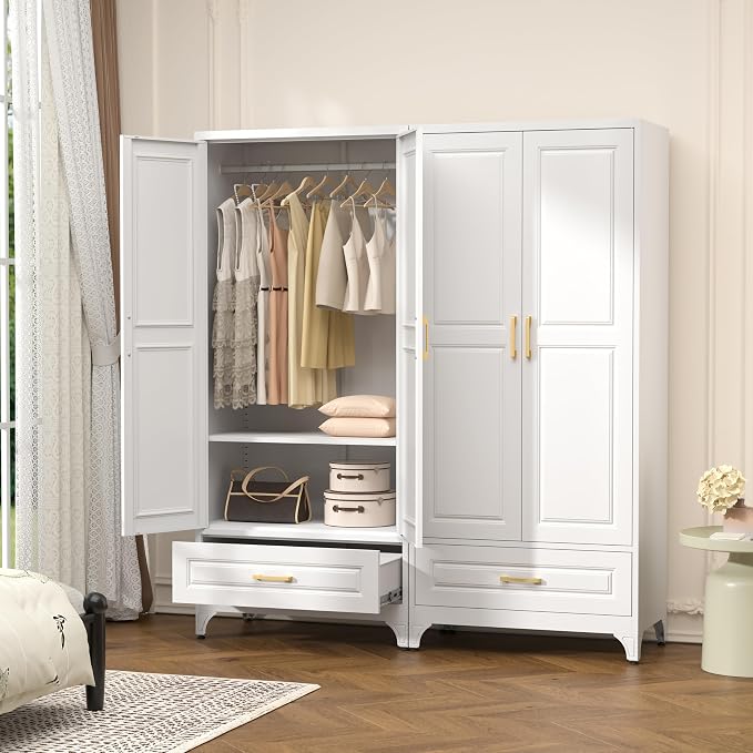 Polup 71" White Metal Wardrobe Closet with Doors and 1 Drawer | Tall Steel Armoire, Hanging Rod, Adjustable Shelves, Sturdy Freestanding Clothes Organizer for Bedroom, Laundry & Office