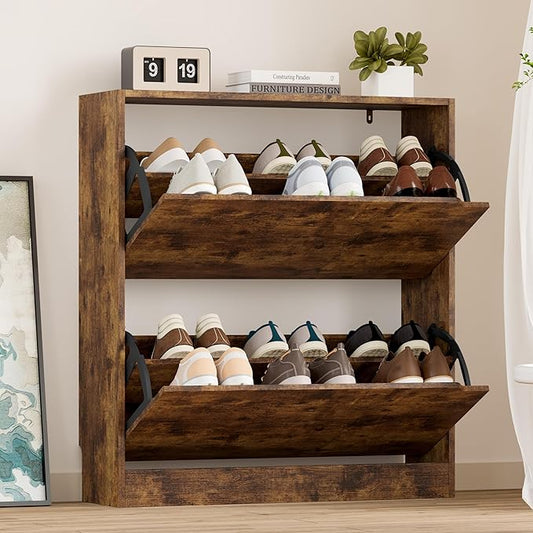 BORNOON Shoe Cabinet with 2 Flip Drawers, Slim Narrow Shoe Storage Cabinet, Freestanding Shoe Organizer with Adjustable & Removable Shelves, Top Display Shelf for Entryway, Hallway, Foyer, Closet