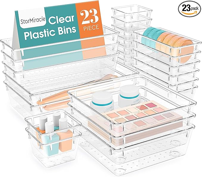 StorMiracle 23 PCS Drawer Organizer Set, 5 Varied Size Bathroom and kitchen Drawer cabinet organizer Trays, Clear Storage Bins for Makeup, Jewelry, Utensils and Gadgets