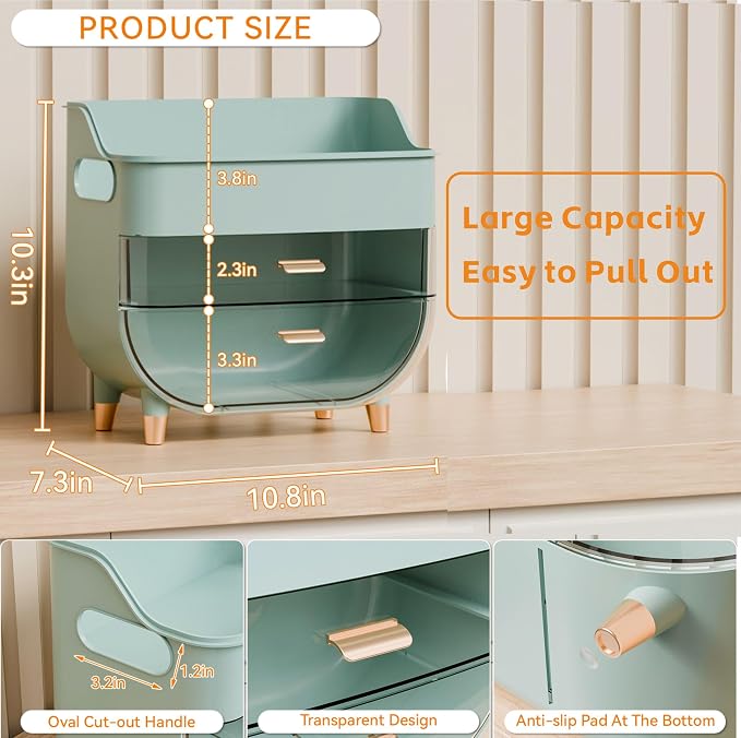 Green Make up Organizers for Counter,Vanity and Dresser,Bathroom Makeup Organizer Countertop,Large Makeup Storage Organizer for Hair Tool,Beauty Products,Skin Care and Cosmetic Display Cases