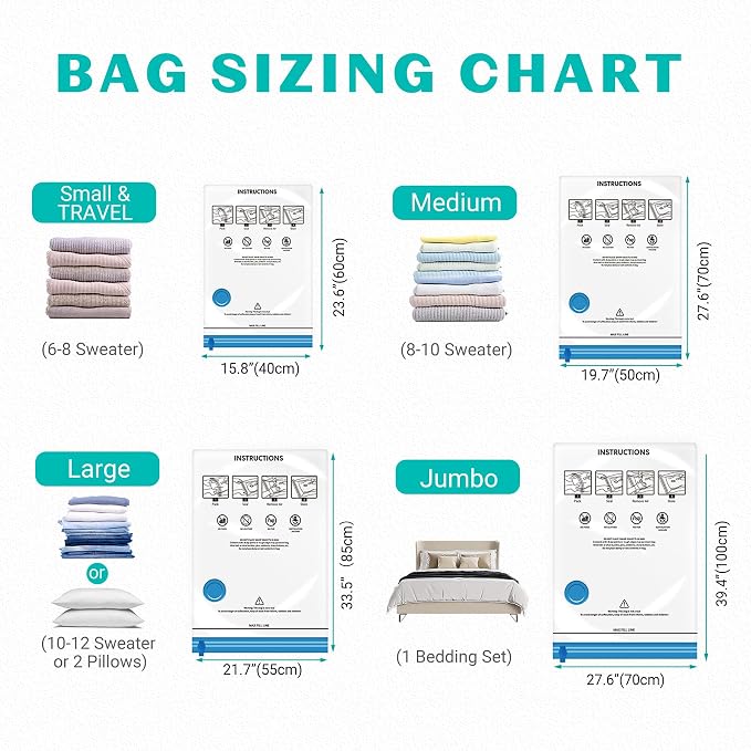15 Pack Vacuum Seal Bags for Clothing &Travel, Space Saver Vacuum Storage Bags for Blankets,Luggage,Clothes,Comforter, Hand Pump Included (3 Jumbo,3 Large,3 Medium,3 Small,3 Roll）
