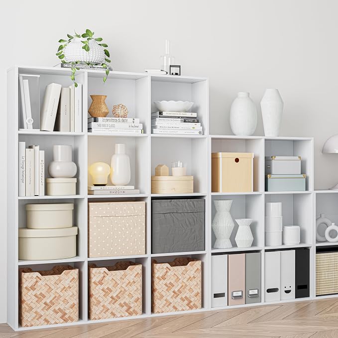 VDNEND Wooden Cube Storage Organizer with Closed Back Panel, 11in Cube Shelf Opening, Bookshelf, Display Shelf,Closet Cabinet for Home and Office (Embossed White, 12-Cube 35.98L*9.45W*47.72H)