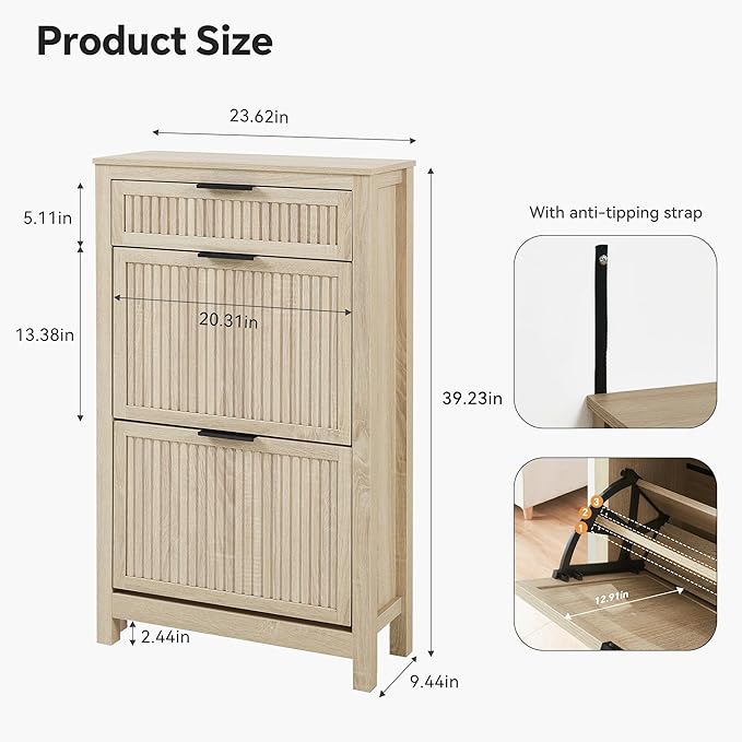 2-Flip Drawer Shoe Cabinet Narrow Entryway Rack, Oak | Vertical Wood Grain, Metal Handles, Adjustable Compartments, Removable Shelf, Anti-Tip Device, for Hallway Foyer Entryway