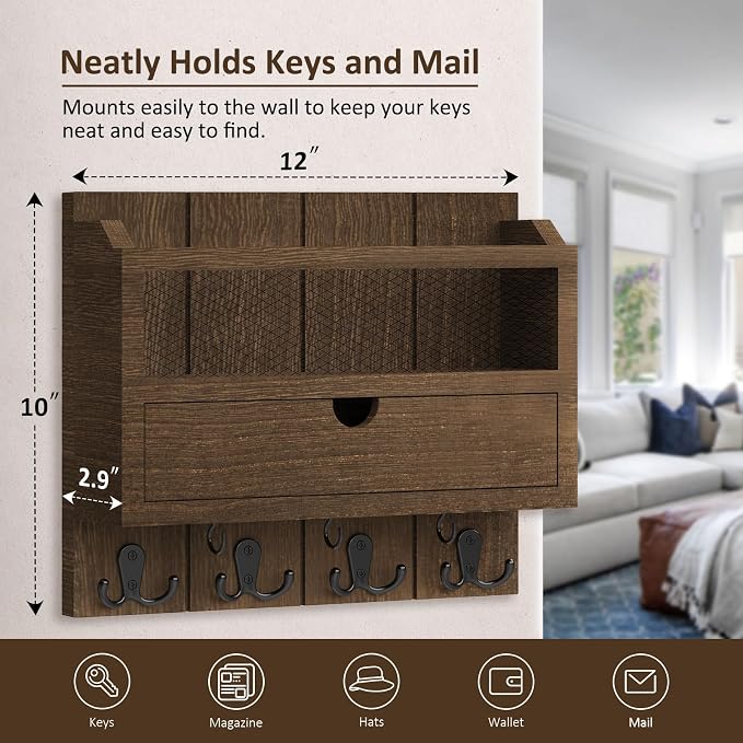 Nekon Mail Organizer with Drawer for Wall, 12"W x 10"H x 3.1"D Mail Sorter Wall Mounted, Wooden Key Holder Wall File Organizer Letter Sorter for Letter Magazines (Brown)