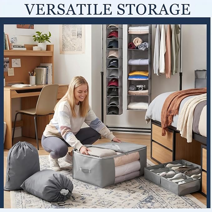 7 Pcs Dorm Storage Organizer Set College Dorm Room with Hanging Closet Organizer Under Bed Shoe Organizers Comforter Storages Bag Laundry Bags Non Woven Storage for Back to School