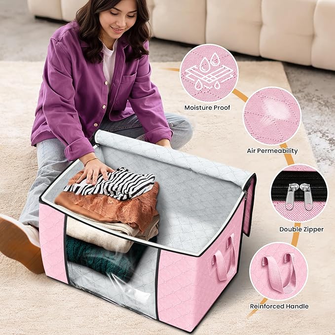 Fab totes 24 Gallons Clothes Storage, Foldable Thick Fabric Blanket Storage Bags, Containers for Organizing Bedroom, Closet, Clothing, Comforter, Organization with Handle (10 Pack,Pink)