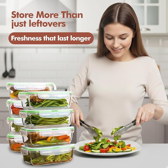 Razab 16 Pc (Set of 8) 30 Oz Glass Meal Prep Containers with Lids, Airtight Large Glass Food Storage Containers, Reusable Leak Proof BPA Free, Freezer to Oven and Dishwasher Safe