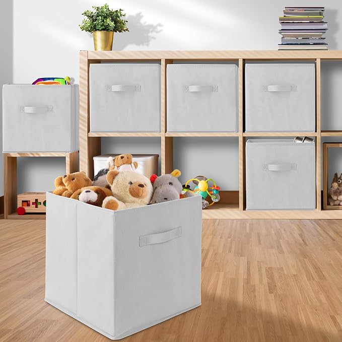 Casafield Set of 6 Collapsible Fabric Cube Storage Bins, White - 13" Foldable Cloth Baskets for Shelves, Cubby Organizers & More